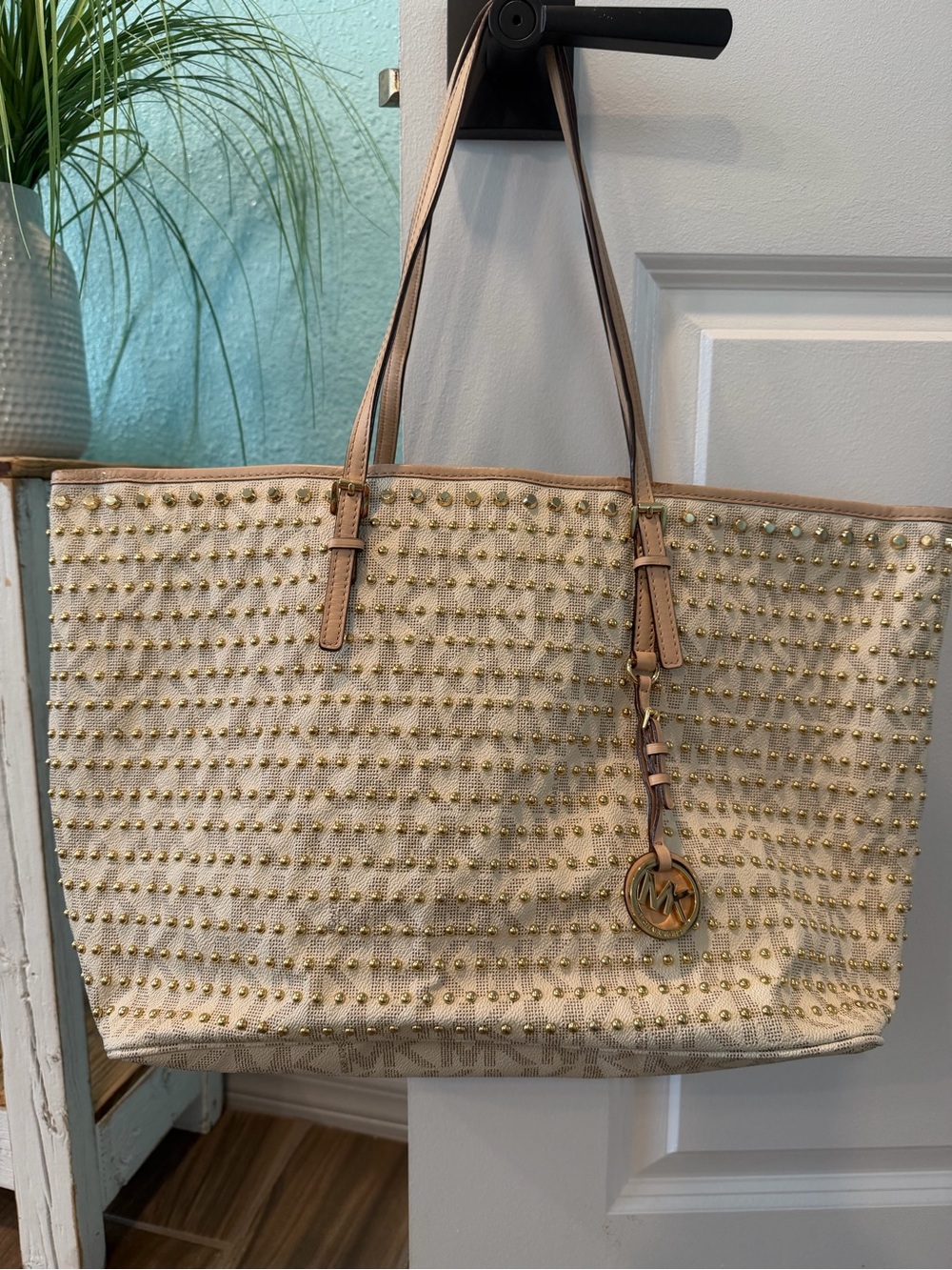 Michael Kors Beige Studded Tote with Gold Accents
